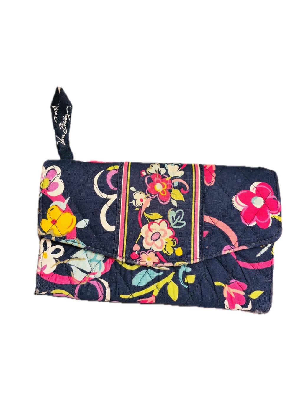 Vera Bradley Navy Floral Quilted Card Wallet with Pink & Yellow Accents